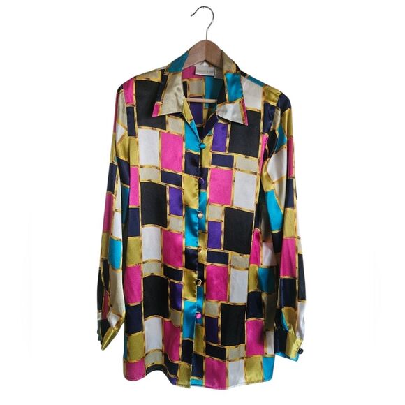 Vintage Christie & Jill Colorful Colorblock Satin Button-down Long Blouse Size M - Picture 1 of 6